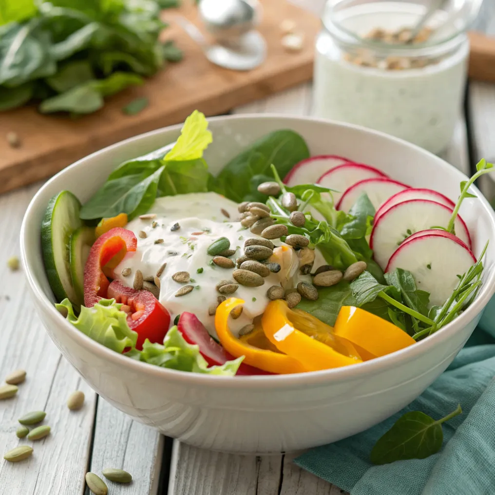 Frischer Blattsalat mit Joghurtdressing aus Kopfsalat, Rucola, Gurken, Paprika und Radieschen, garniert mit Kräutern und Sonnenblumenkernen