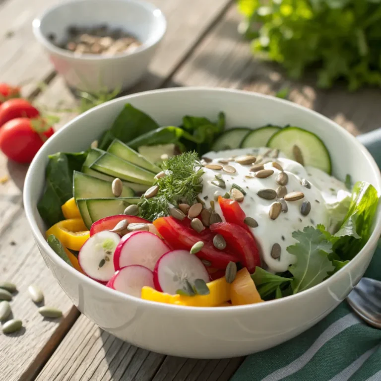 Frischer Blattsalat mit Joghurtdressing aus Kopfsalat, Rucola, Gurken, Paprika und Radieschen, garniert mit Kräutern und Sonnenblumenkernen
