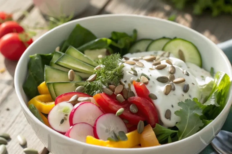 Frischer Blattsalat mit Joghurtdressing aus Kopfsalat, Rucola, Gurken, Paprika und Radieschen, garniert mit Kräutern und Sonnenblumenkernen