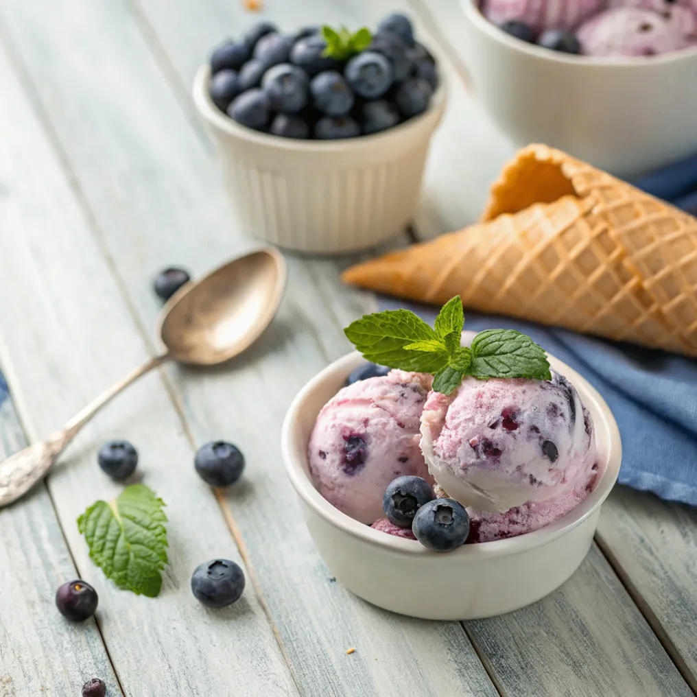 Cremiges Blaubeereis in einer Schale, garniert mit frischen Blaubeeren und Minze