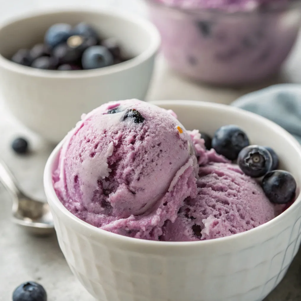 Cremiges Blaubeereis in einer Schale, garniert mit frischen Blaubeeren und Minze