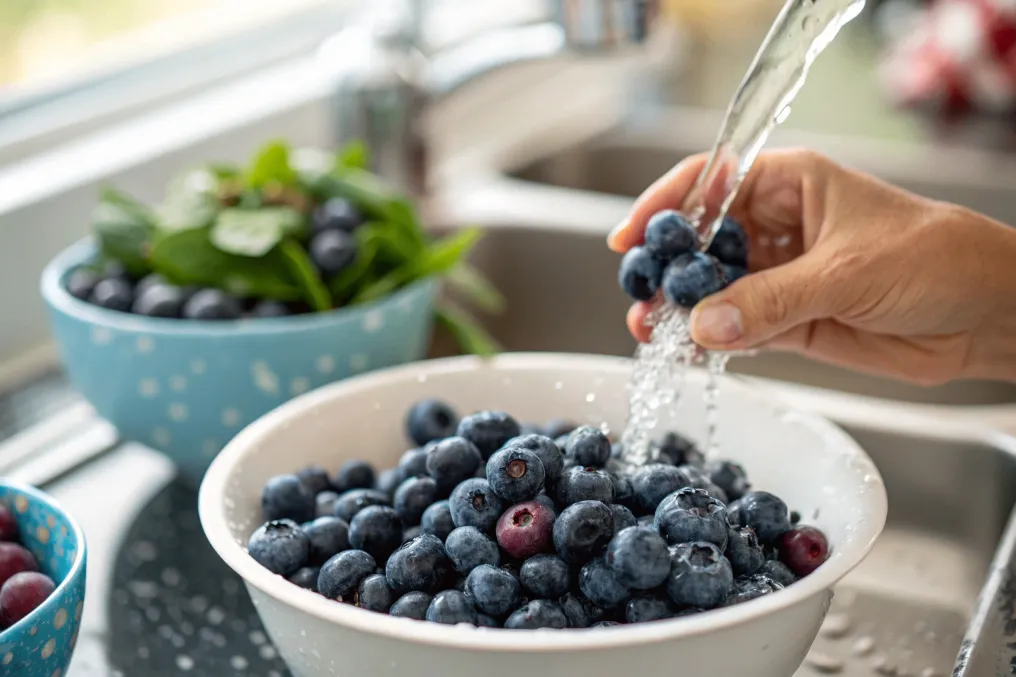 Frische Blaubeeren in einer Schüssel werden unter Wasser gewaschen