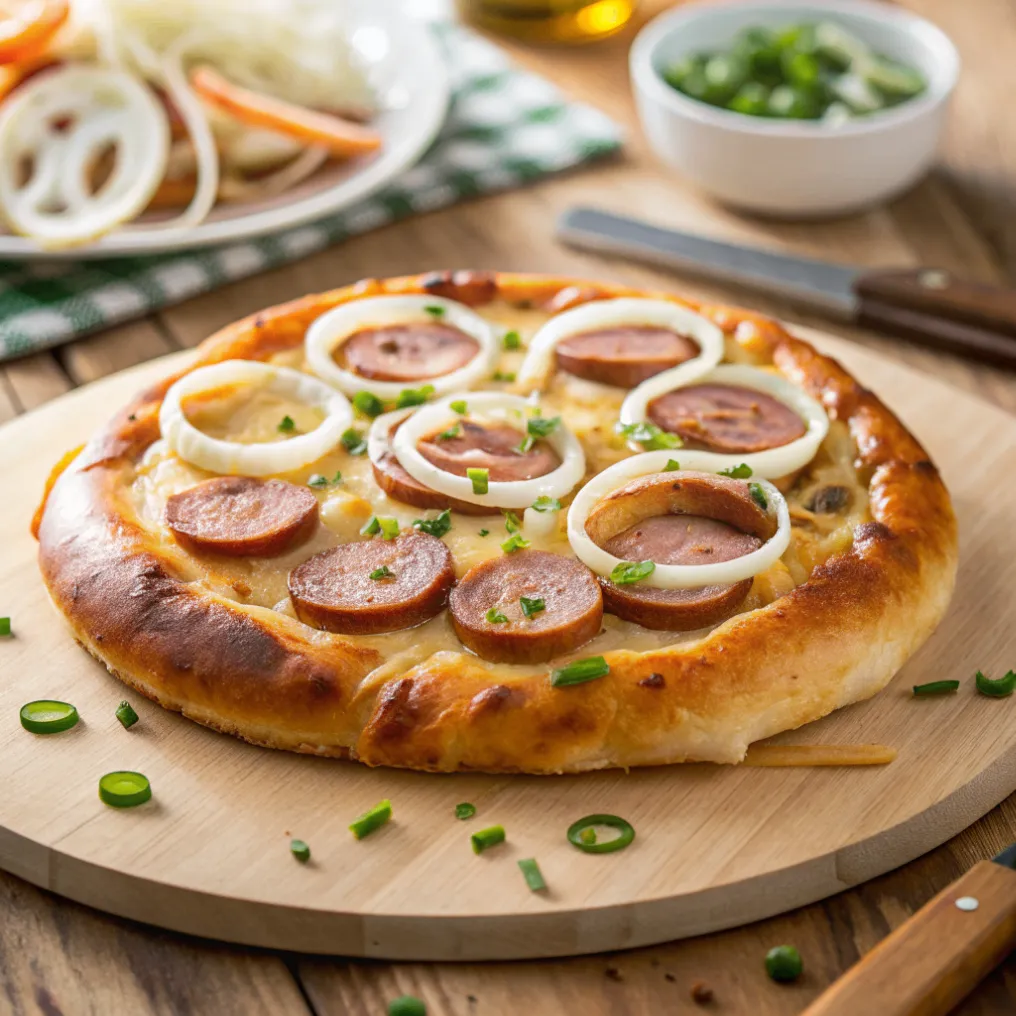Brezel Pizza mit Weißwurst auf Brezelteig mit Käse, Zwiebeln und Schnittlauch auf Holzbrett