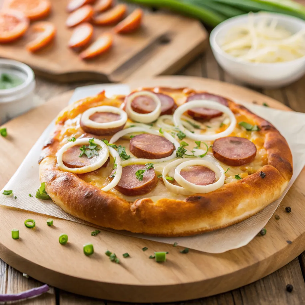 Brezel Pizza mit Weißwurst auf Brezelteig mit Käse, Zwiebeln und Schnittlauch auf Holzbrett