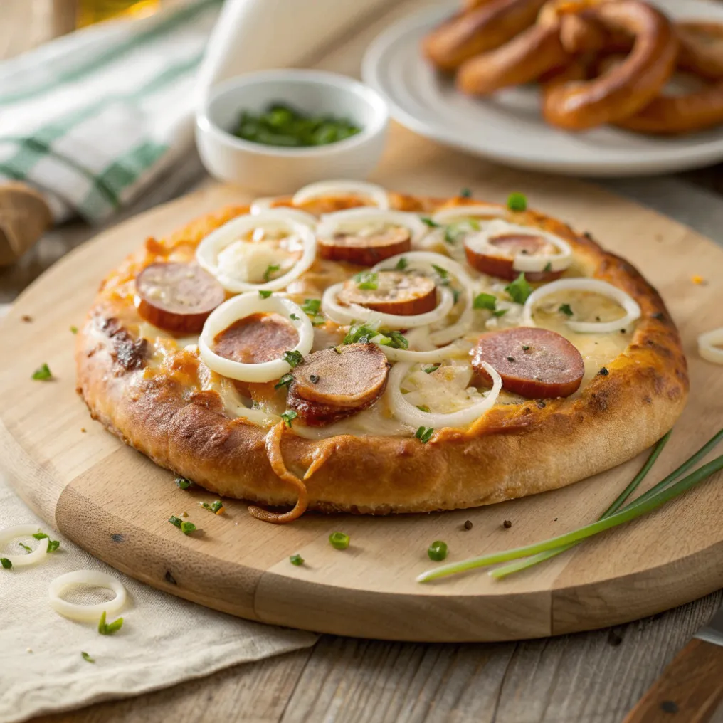 Brezel Pizza mit Weißwurst auf Brezelteig mit Käse, Zwiebeln und Schnittlauch auf Holzbrett