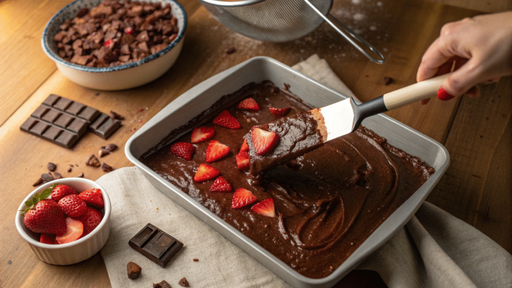 Schoko Erdbeer Brownie-Teig wird in die vorbereitete Backform gegossen