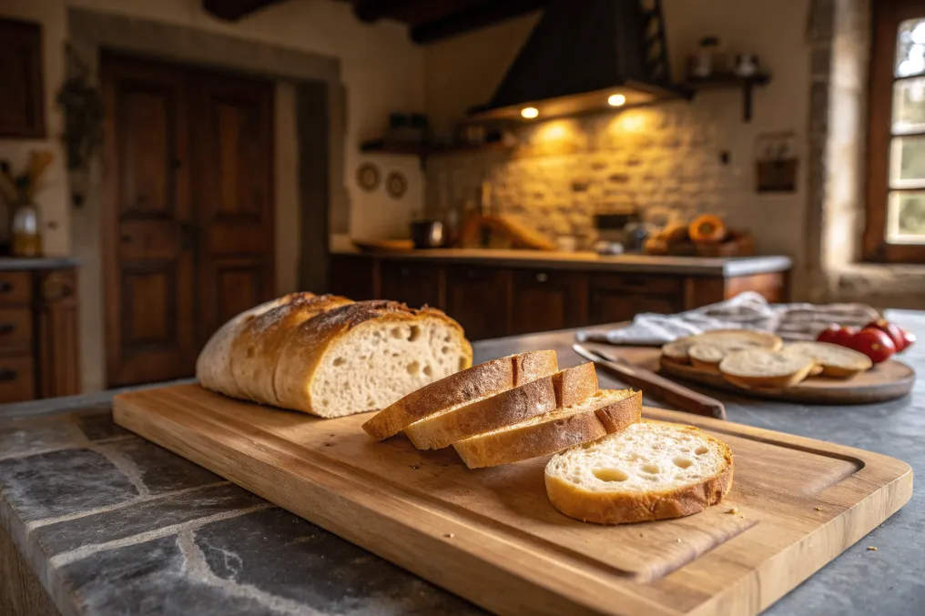 Geröstete Ciabatta-Scheiben für das Bruschetta Rezept auf Holzbrett