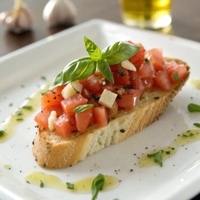 Nahaufnahme von klassischem italienischem Bruschetta Rezept mit Tomaten, Basilikum und Olivenöl auf geröstetem Brot