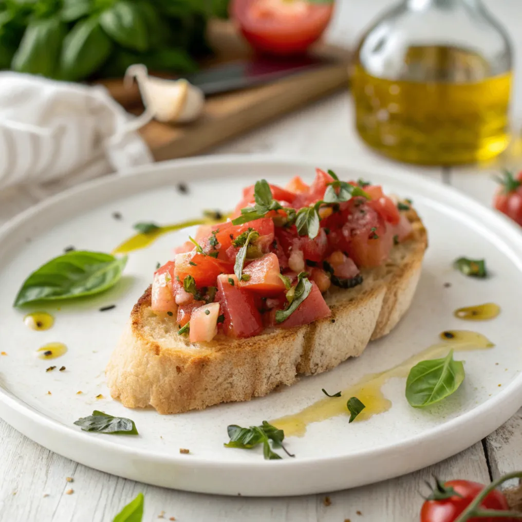 Nahaufnahme von klassischem italienischem Bruschetta Rezept mit Tomaten, Basilikum und Olivenöl auf geröstetem Brot