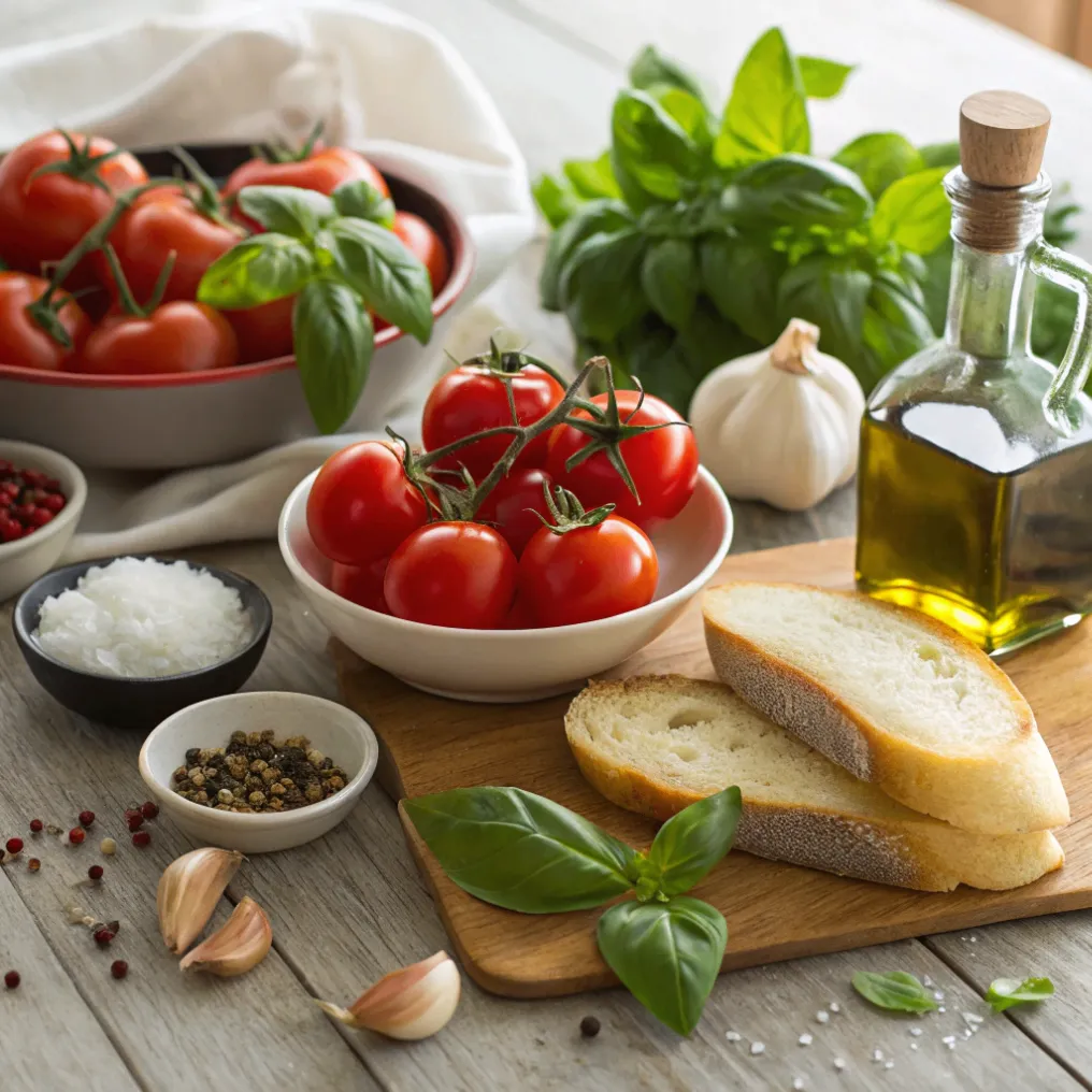 Frische Zutaten für das Bruschetta Rezept – Tomaten, Basilikum, Knoblauch und Ciabatta auf Holztisch