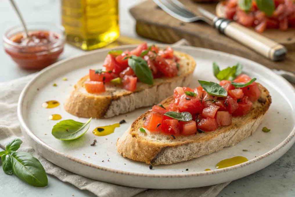 Geröstetes Brot mit Tomaten-Basilikum-Mischung belegt – Bruschetta Rezept