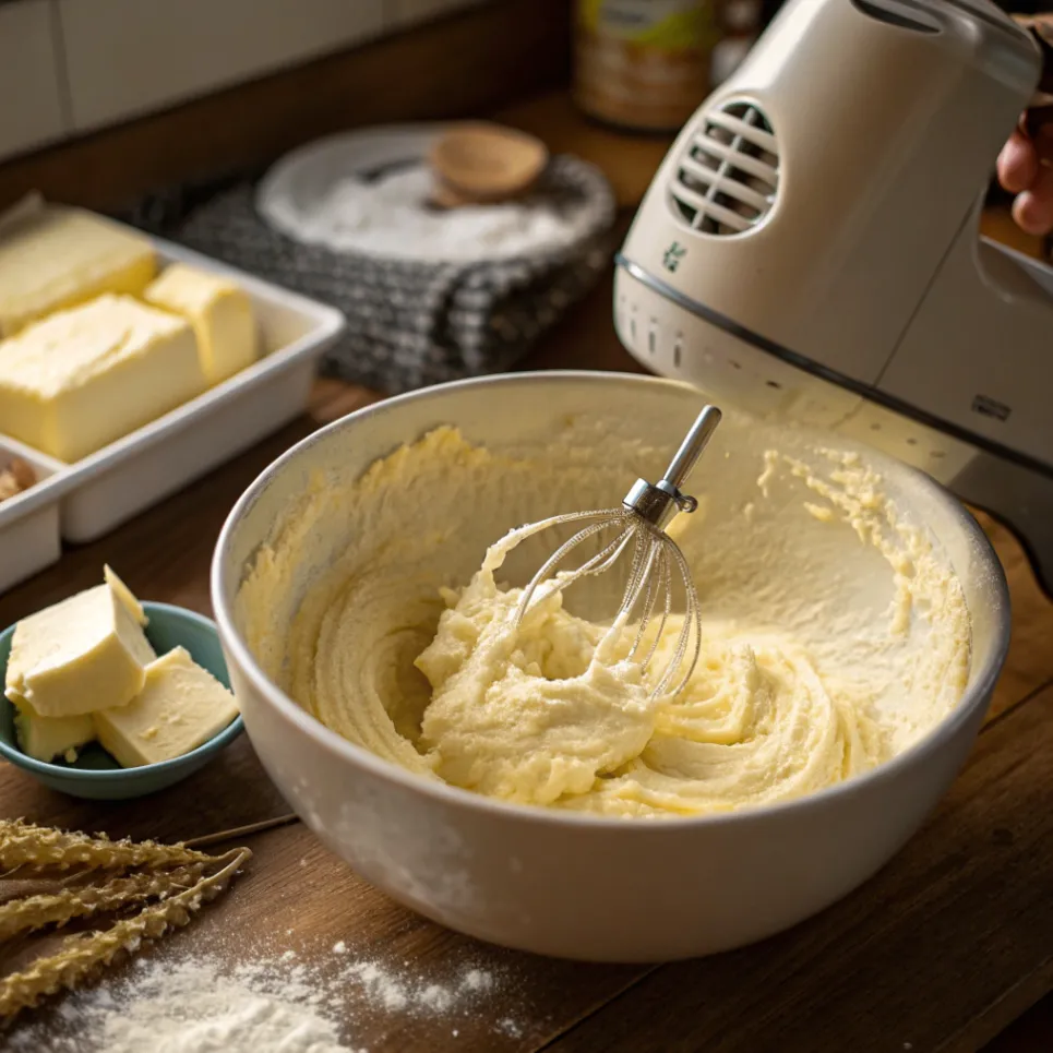 Butter und Zucker werden cremig geschlagen für Walnusskuchen