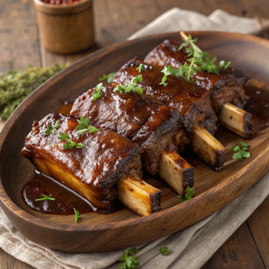 Dicke Rippe Rezept serviert mit Kartoffeln und Kräutern auf rustikalem Tisch