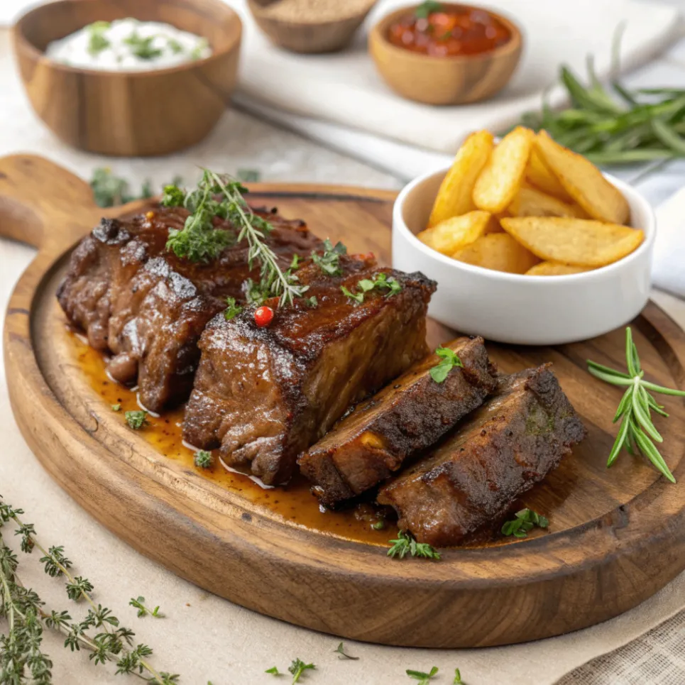 Dicke Rippe Rezept serviert mit Kartoffeln und Kräutern auf rustikalem Tisch