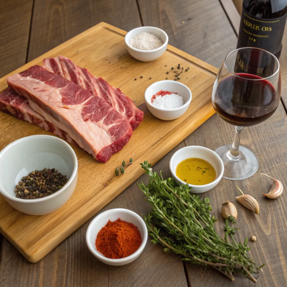 Zutaten für Dicke Rippe Rezept mit Rinderrippen, Knoblauch, Gewürzen und Rotwein auf rustikalem Holztisch.