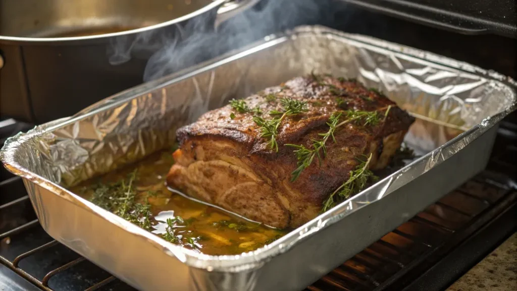 Dicke Rippe gart langsam im Ofen mit Brühe und Kräutern
