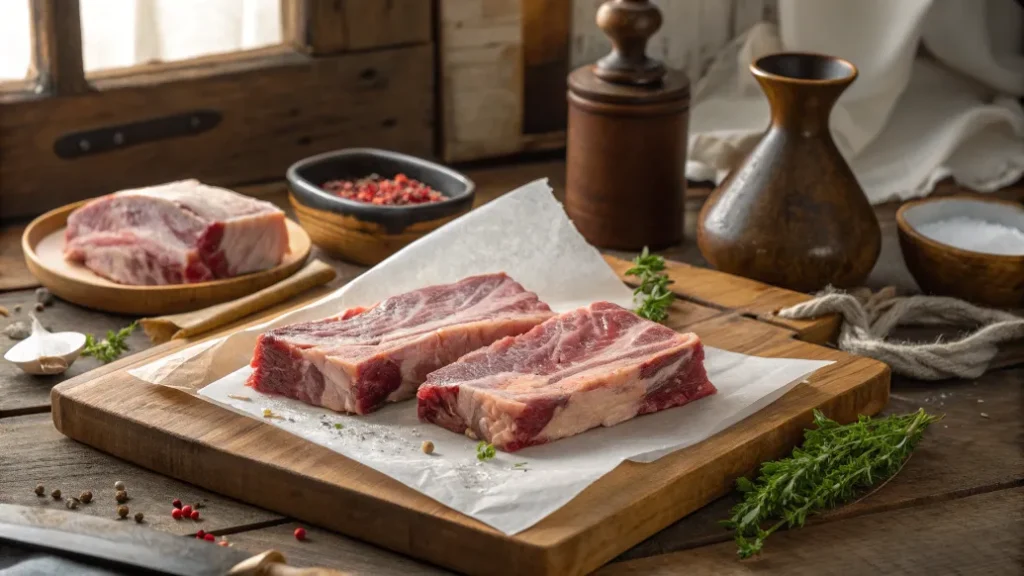 Rohes Stück dicke Rippe wird auf Holzbrett vorbereitet und trocken getupft