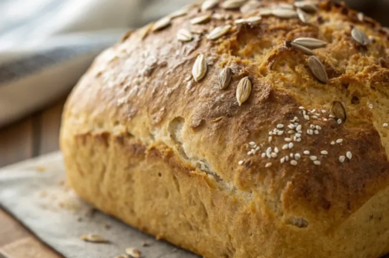 Frisch gebackenes Dinkelbrot mit Trockenhefe auf einem Holzbrett mit Körnern und Hefe, saftig und knusprig