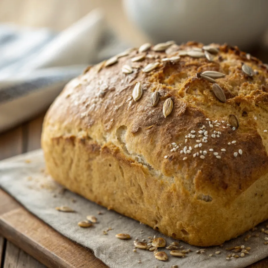 Frisch gebackenes Dinkelbrot mit Trockenhefe auf einem Holzbrett mit Körnern und Hefe, saftig und knusprig