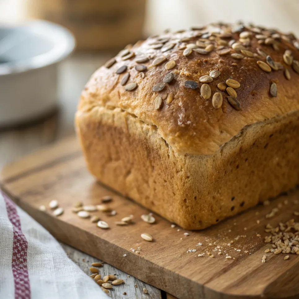 Frisch gebackenes Dinkelbrot mit Trockenhefe auf einem Holzbrett mit Körnern und Hefe, saftig und knusprig