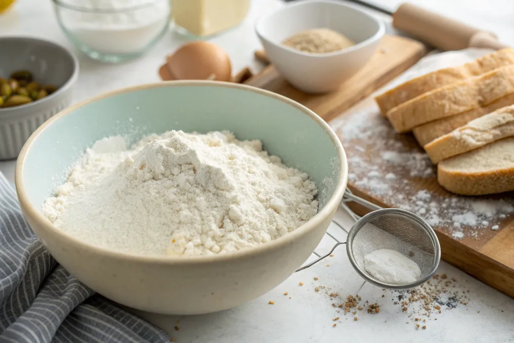 Schüssel mit Dinkelmehl und Salz zum Brotbacken
