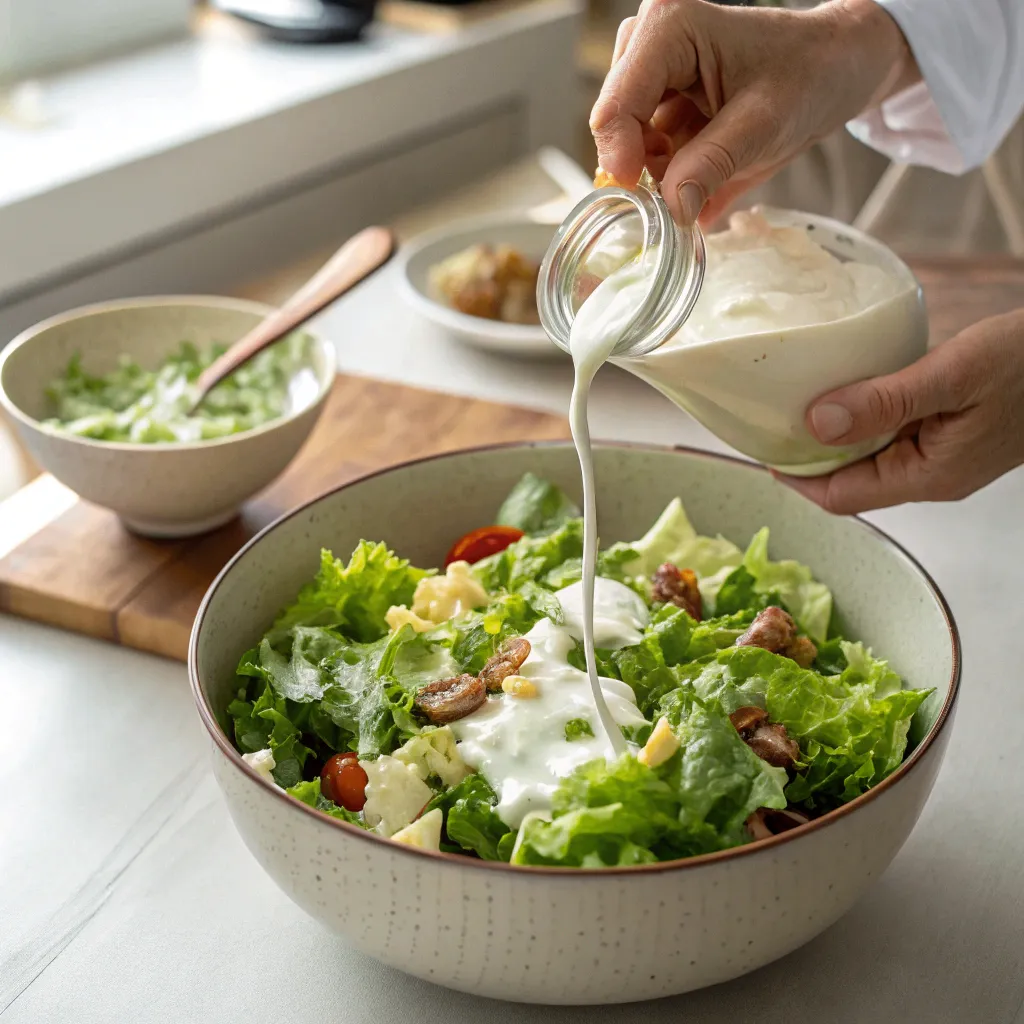 Joghurtdressing wird über frischen Blattsalat gegossen und vorsichtig vermischt