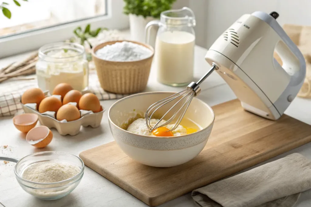 Eier und Zucker in einer Schüssel cremig schlagen für Marmorkuchen