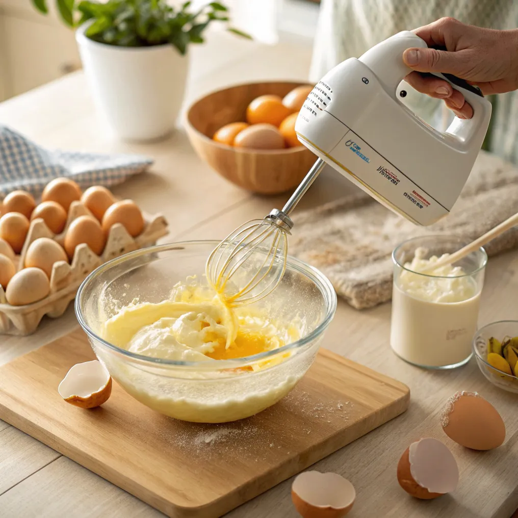 Eier werden Schritt für Schritt in die Kuchenmasse eingerührt