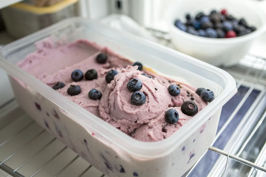 Blaubeereis-Mischung in einem Behälter im Gefrierschrank