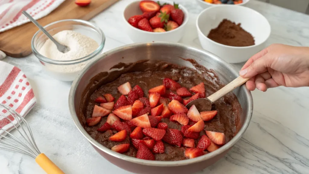Frische Erdbeeren werden in den Schokoladenteig für Brownies gehoben
