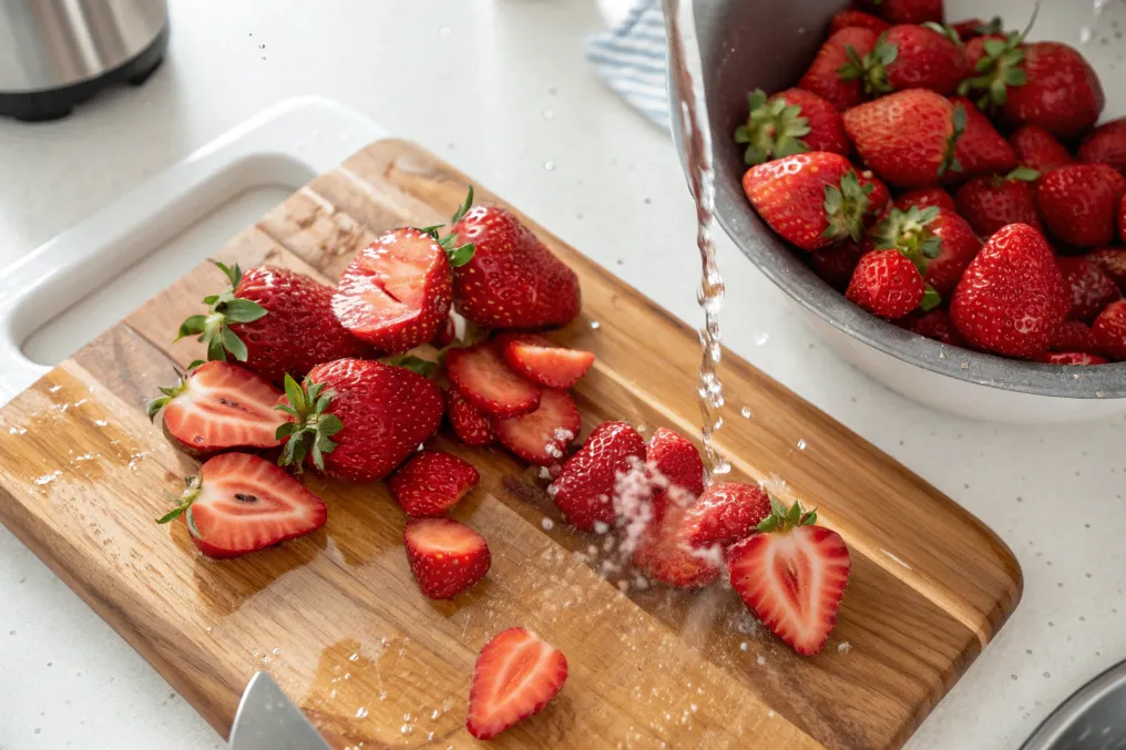 Frische Erdbeeren werden für das Parfait gewaschen und geschnitten