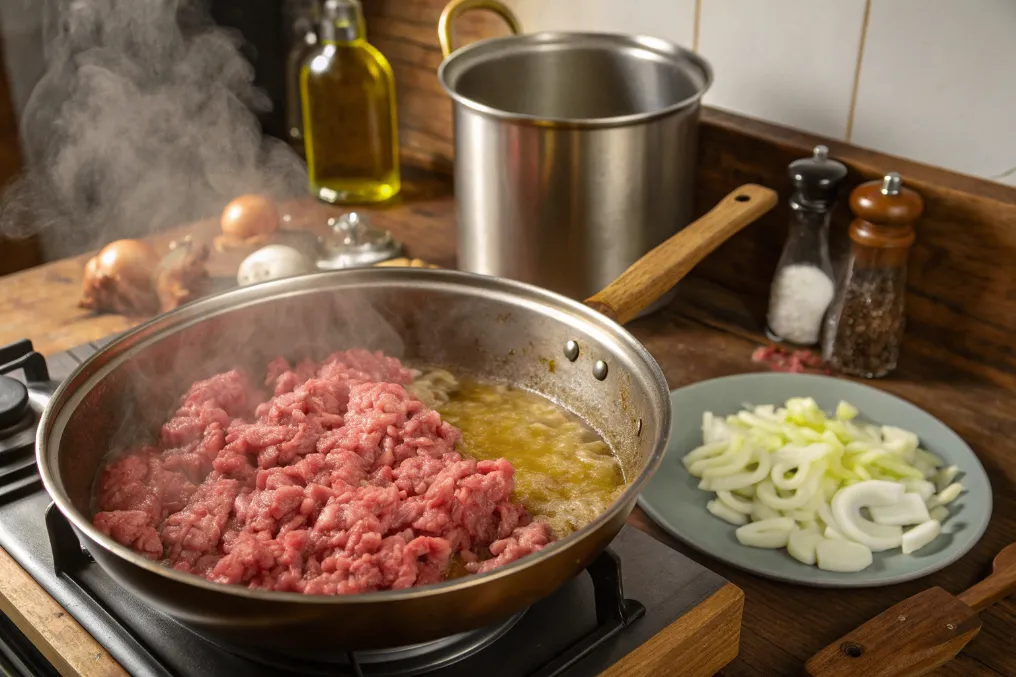 Hackfleisch wird in einem Topf für den Räubertopf nach Omas angebraten