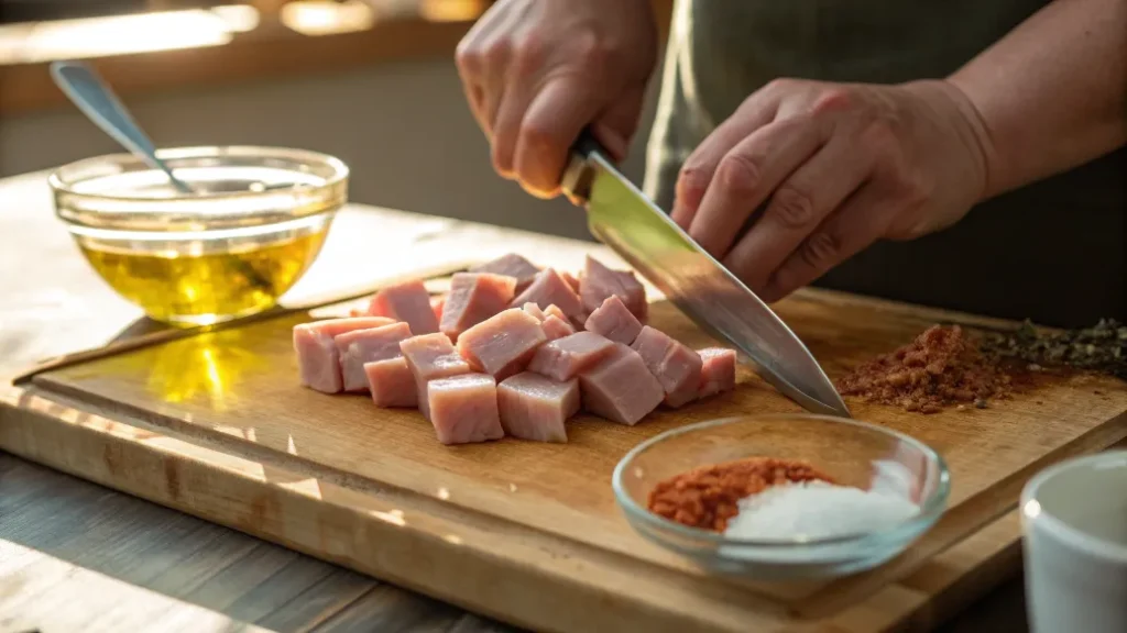 Nahaufnahme vom Vorbereiten und Marinieren des Fleisches für klassisches Schaschlik mit würziger Soße; zeigt Säuberung, Würfeln und Würzmischung.Nahaufnahme vom Vorbereiten und Marinieren des Fleisches für klassisches Schaschlik mit würziger Soße; zeigt Säuberung, Würfeln und Würzmischung.