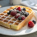 Frisch gebackene Belgische Waffeln, serviert mit Erdbeeren, Blaubeeren, Puderzucker und Ahornsirup