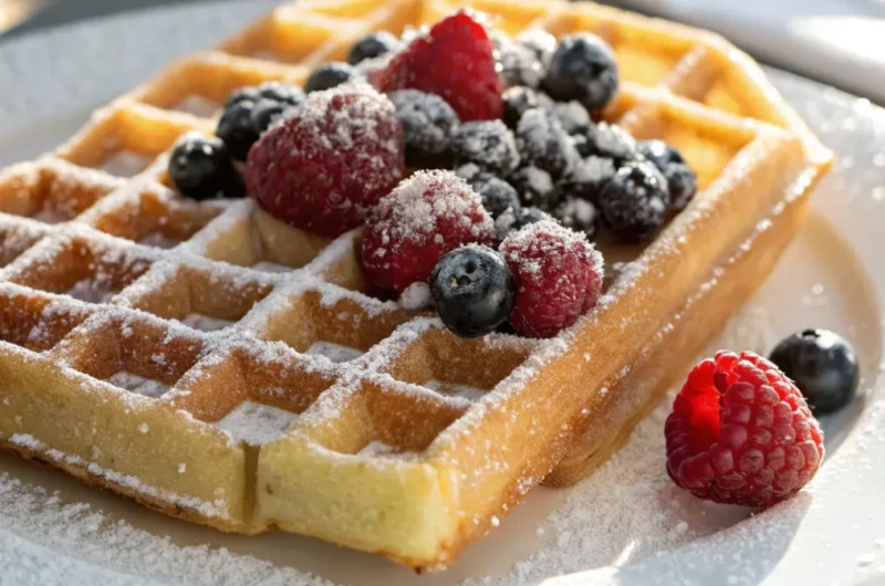 Frisch gebackene Belgische Waffeln, serviert mit Erdbeeren, Blaubeeren, Puderzucker und Ahornsirup