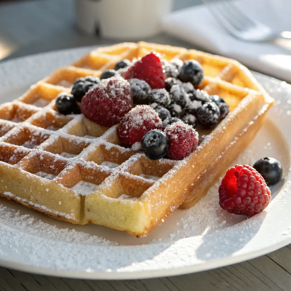 Frisch gebackene Belgische Waffeln, serviert mit Erdbeeren, Blaubeeren, Puderzucker und Ahornsirup