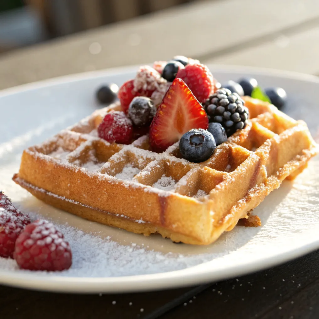 Frisch gebackene Belgische Waffeln, serviert mit Erdbeeren, Blaubeeren, Puderzucker und Ahornsirup