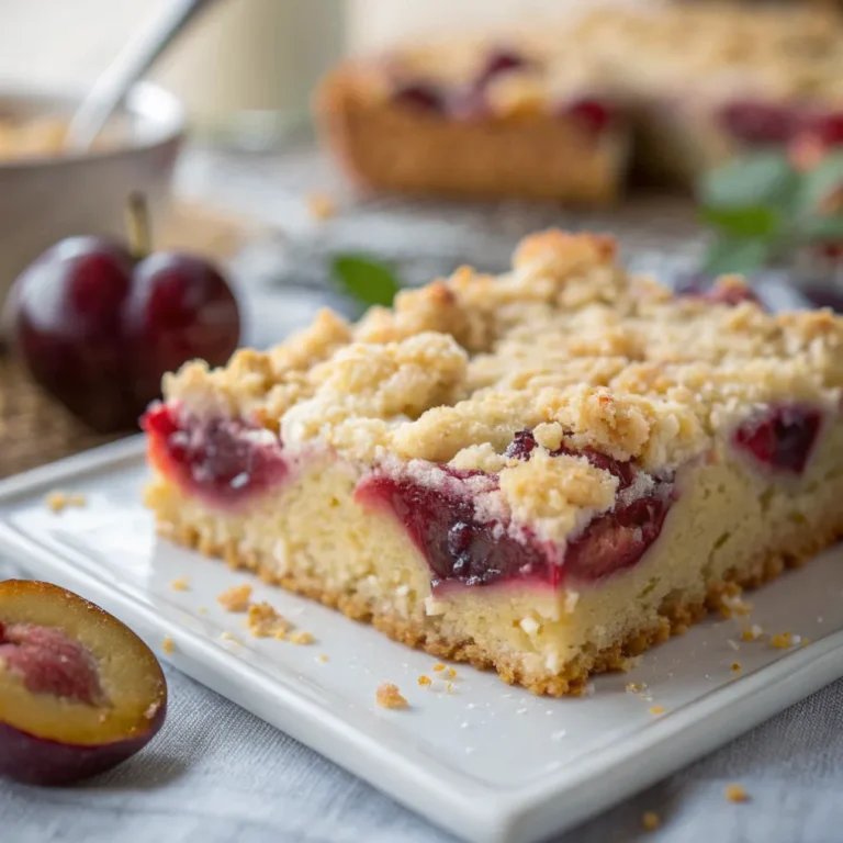 Ein saftiger Zwetschgen-Streuselkuchen mit goldbraunen Streuseln auf einem Holztisch, angerichtet zum Servieren