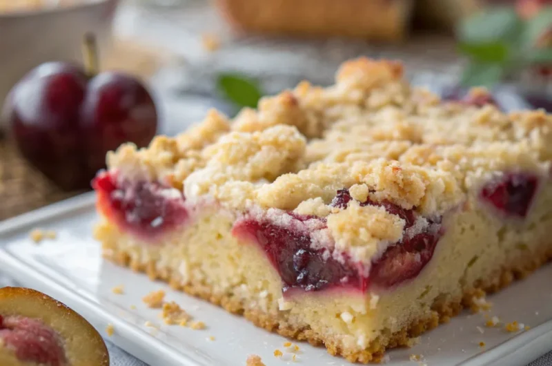 Ein saftiger Zwetschgen-Streuselkuchen mit goldbraunen Streuseln auf einem Holztisch, angerichtet zum Servieren