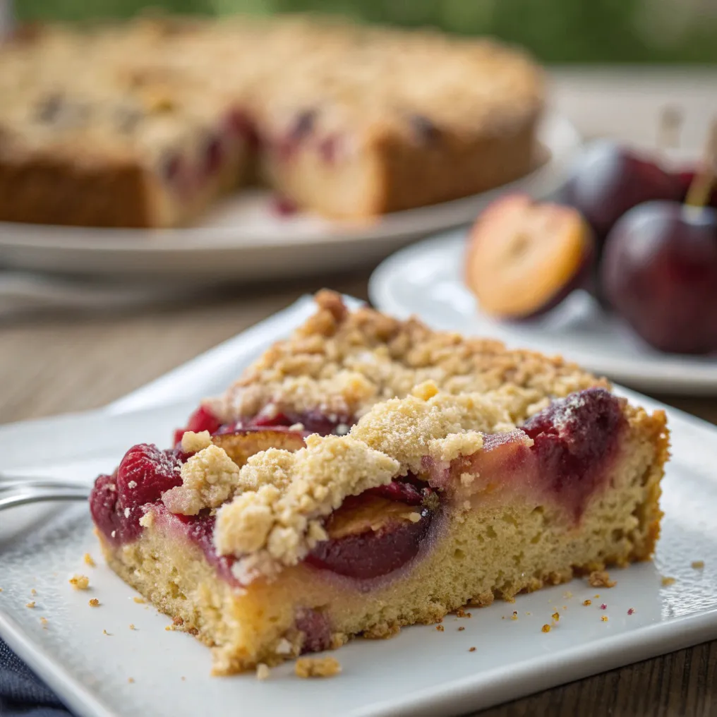 Ein saftiger Zwetschgen-Streuselkuchen mit goldbraunen Streuseln auf einem Holztisch, angerichtet zum Servieren