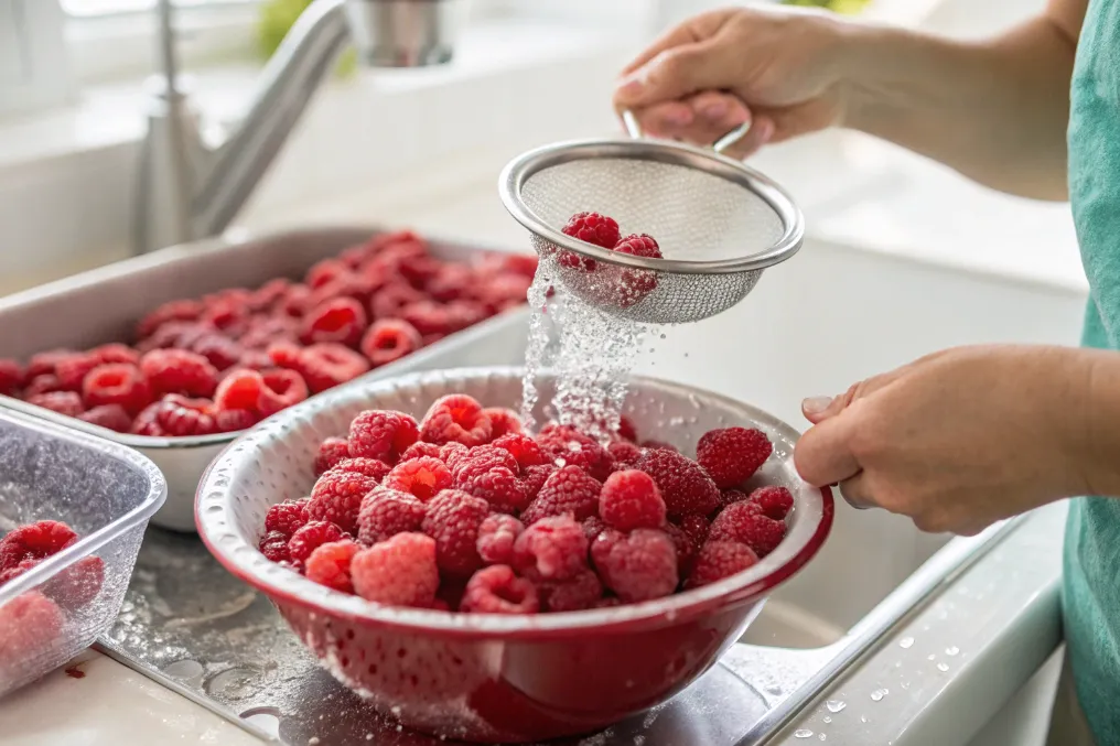 Frische Himbeeren werden gewaschen und für Heiße Himbeeren mit Vanilleeis vorbereitet