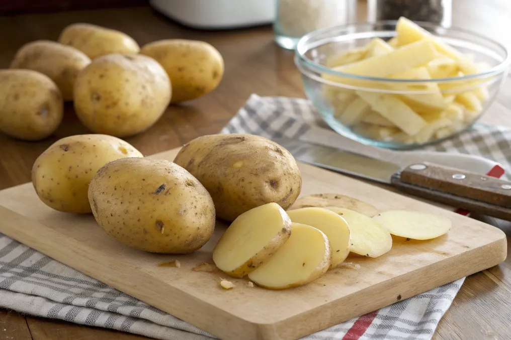 Frische rohe Kartoffeln auf einem Schneidebrett, bereit für die Zubereitung zu Kartoffelscheiben im Backofen