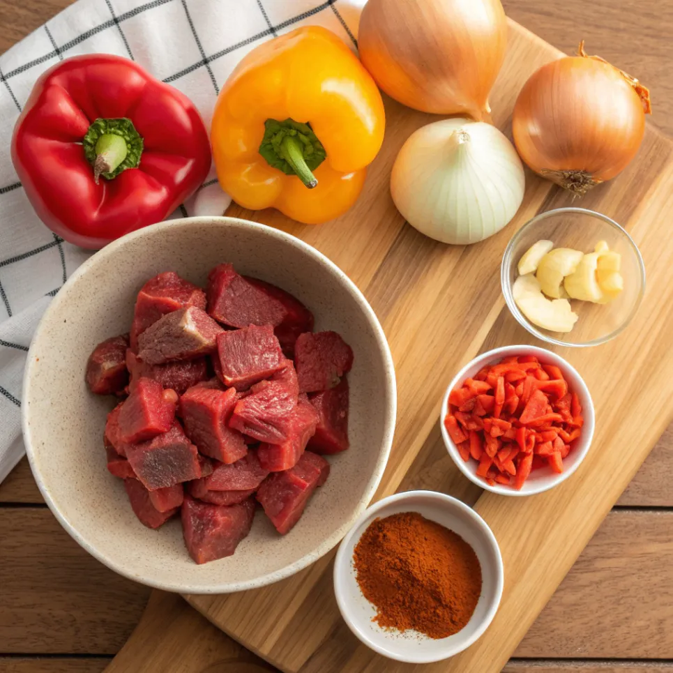 Frisch geschnittenes Rindergulasch, Zwiebeln, Paprika, Knoblauch und Paprikapulver für Klassisches Gulasch nach Omas