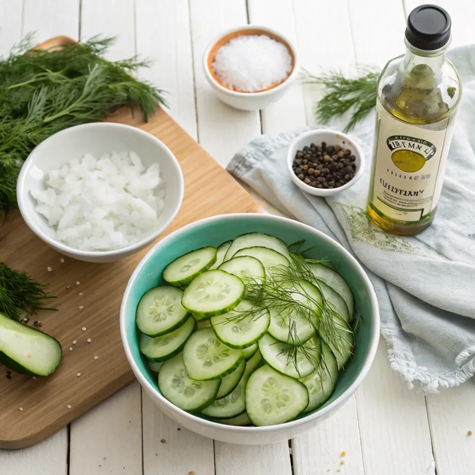 Zutaten für Omas Gurkensalat süß-sauer: Gurken, Dill, Zwiebeln, Essig, Zucker, Salz und Pfeffer auf einem Holztisch