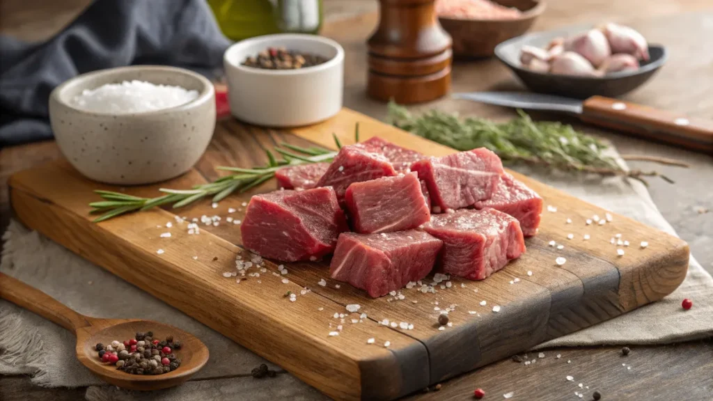 Würfel von frischem Rindfleisch auf einem Holzbrett, gewürzt mit Salz und Pfeffer
