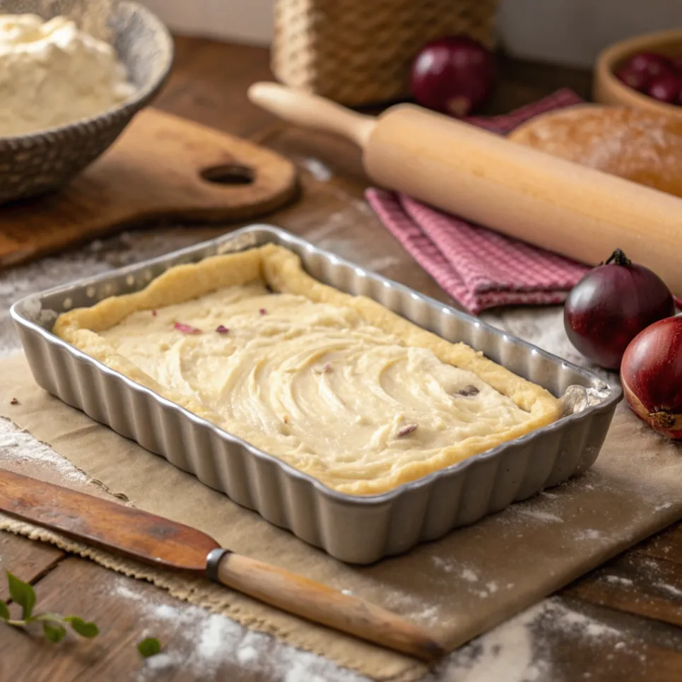 Füllung auf Landfrauen Zwiebelkuchen verteilen