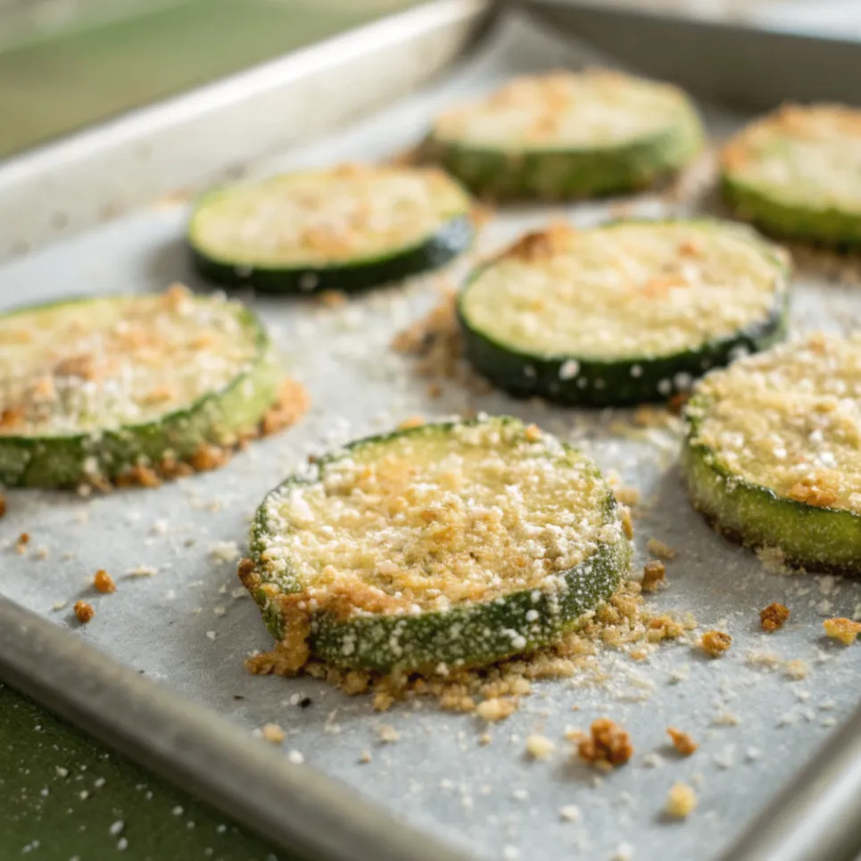 Knusprige gebackene panierte Zucchini aus dem Ofen, serviert auf einem weißen Teller mit frischen Kräutern und Dip, perfekt als gesunde Beilage oder Snack.