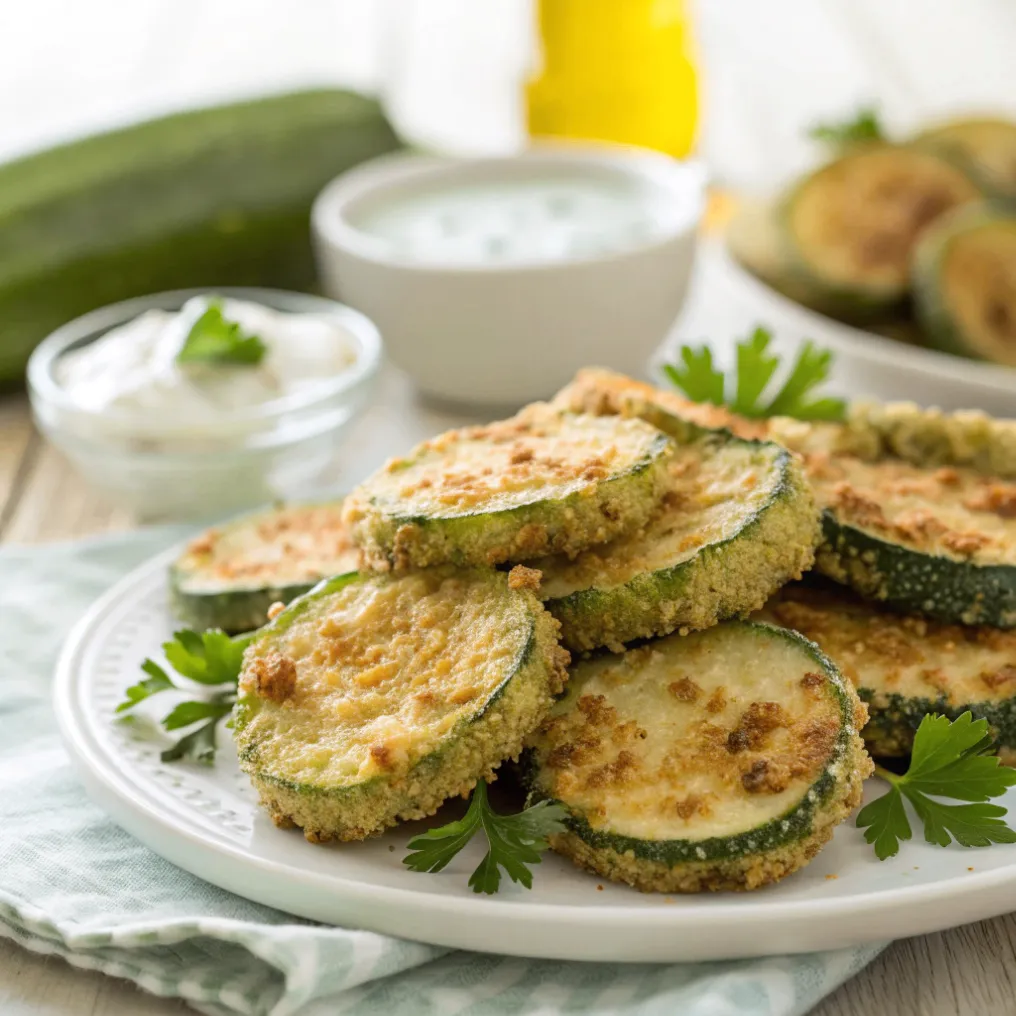 Knusprige gebackene panierte Zucchini aus dem Ofen, serviert auf einem weißen Teller mit frischen Kräutern und Dip, perfekt als gesunde Beilage oder Snack.