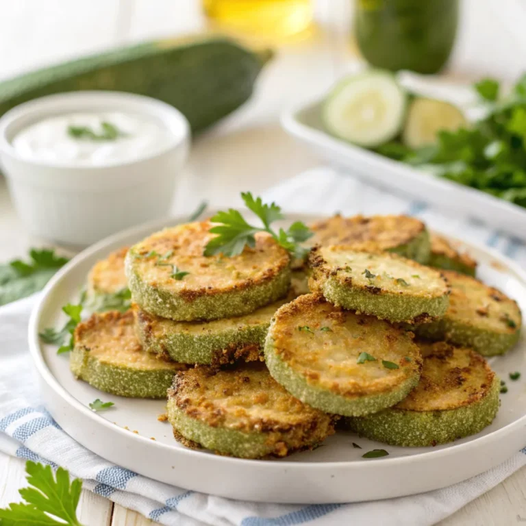 Knusprige gebackene panierte Zucchini aus dem Ofen, serviert auf einem weißen Teller mit frischen Kräutern und Dip, perfekt als gesunde Beilage oder Snack.