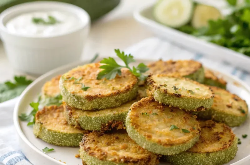 Knusprige gebackene panierte Zucchini aus dem Ofen, serviert auf einem weißen Teller mit frischen Kräutern und Dip, perfekt als gesunde Beilage oder Snack.